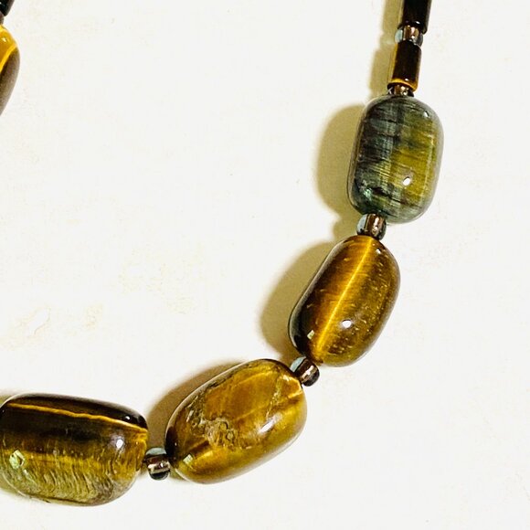 Rustic Tiger's Eye Beaded Necklace, Genuine Yellow Brown Tumbled Gemstone - Picture 5 of 11